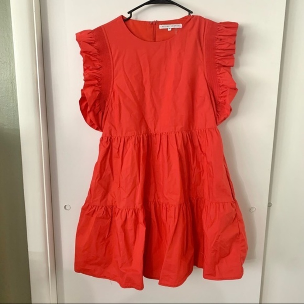 English factory red balloon sleeve tiered mini dress